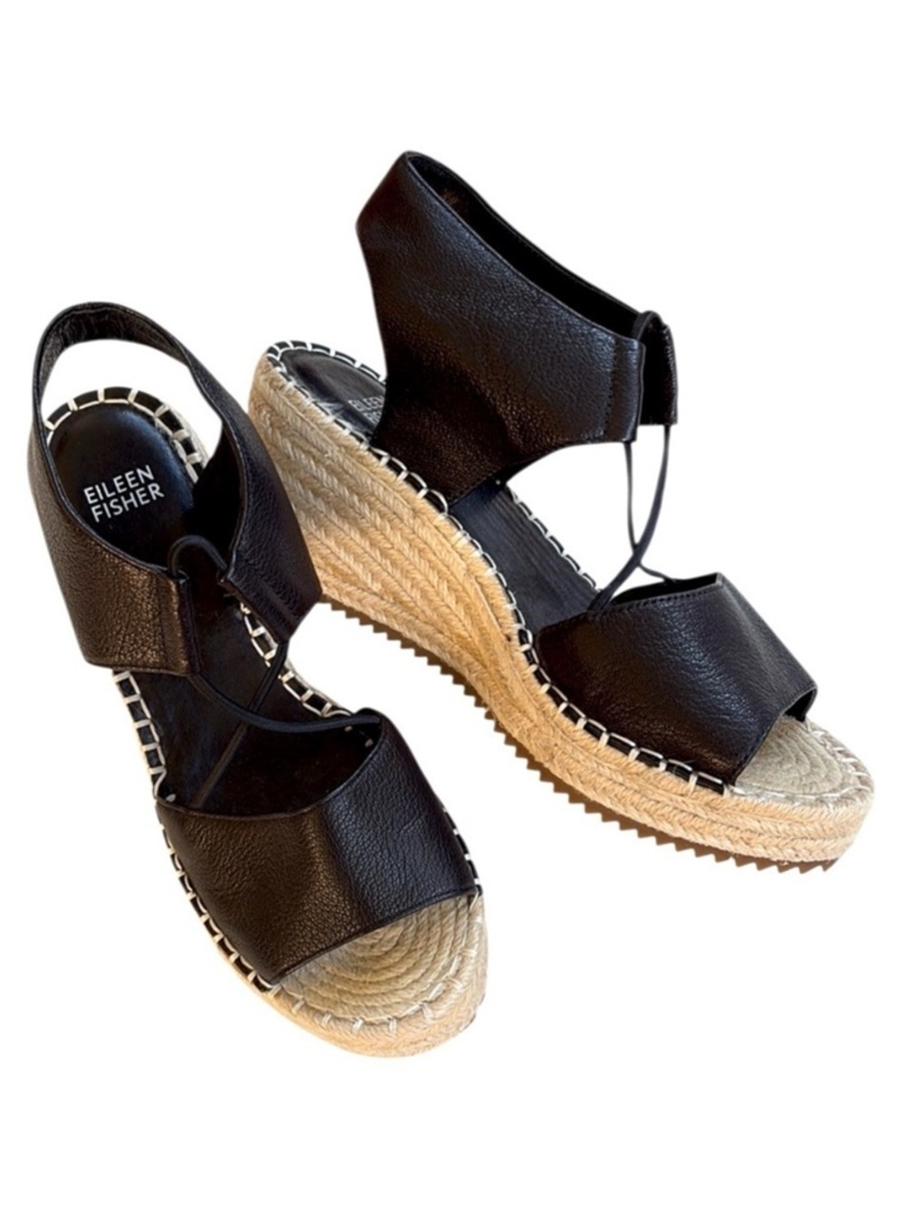 EUC Eileen Fisher Leather Agnes Espadrille Wedge Sandals Black Size 8